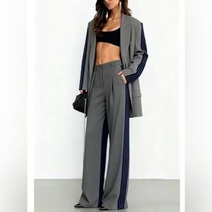 Women's Gray and Navy Striped Pants Set